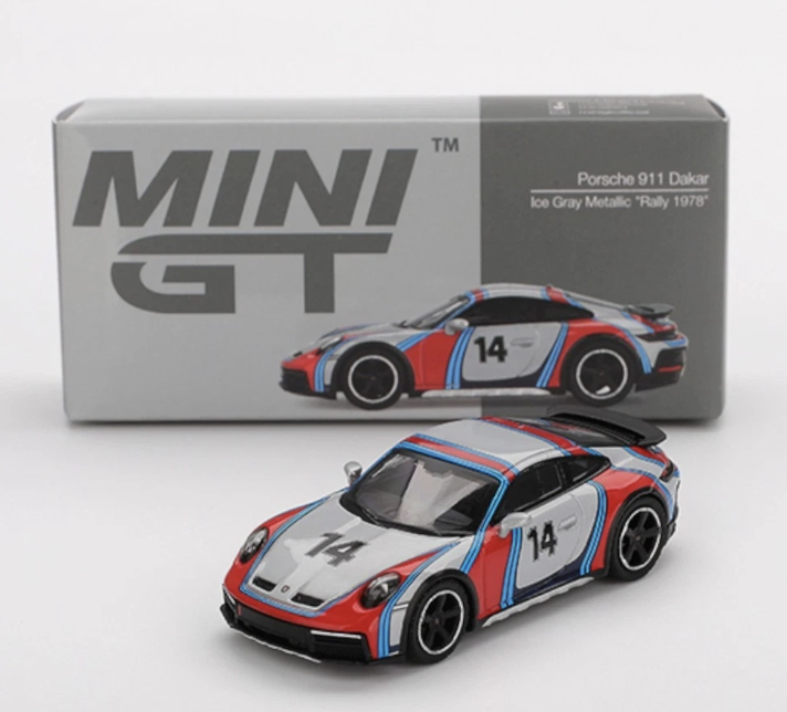 Porsche 911 (992) Dakar - 2024, ice gray rally tribute 1978 Mini GT 1:64