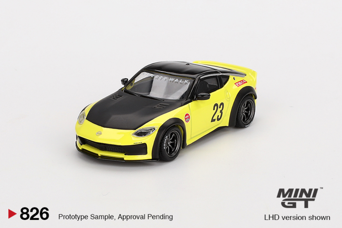 Nissan Fairlady Z LB Nation Works 2024 Ikazuchi Yellow Mini GT 1:64 – model kolekcjonerski – zdjęcie 2