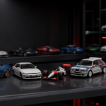 Modele samochodów kolekcjonerskich w gablocie: BMW M, JDM, Formuła 1, rajdy i klasyki