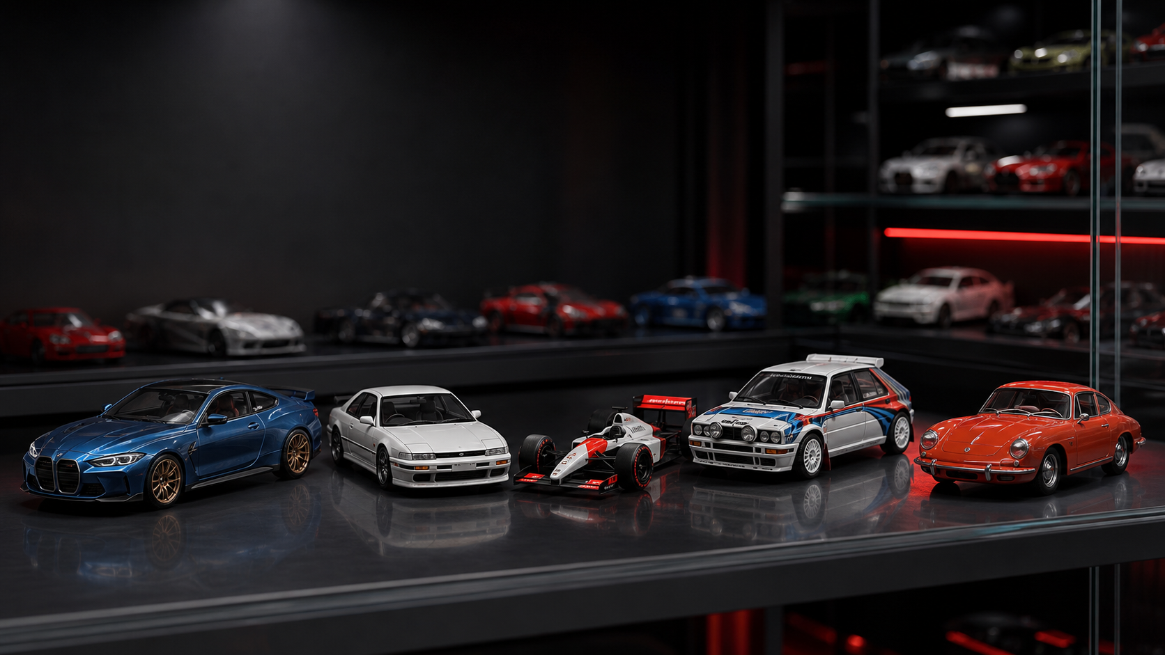 Modele samochodów kolekcjonerskich w gablocie: BMW M, JDM, Formuła 1, rajdy i klasyki
